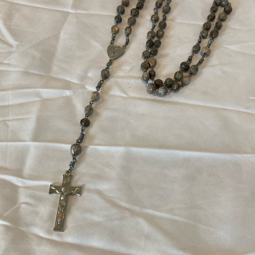 Silver and Brown Rosary Necklace
